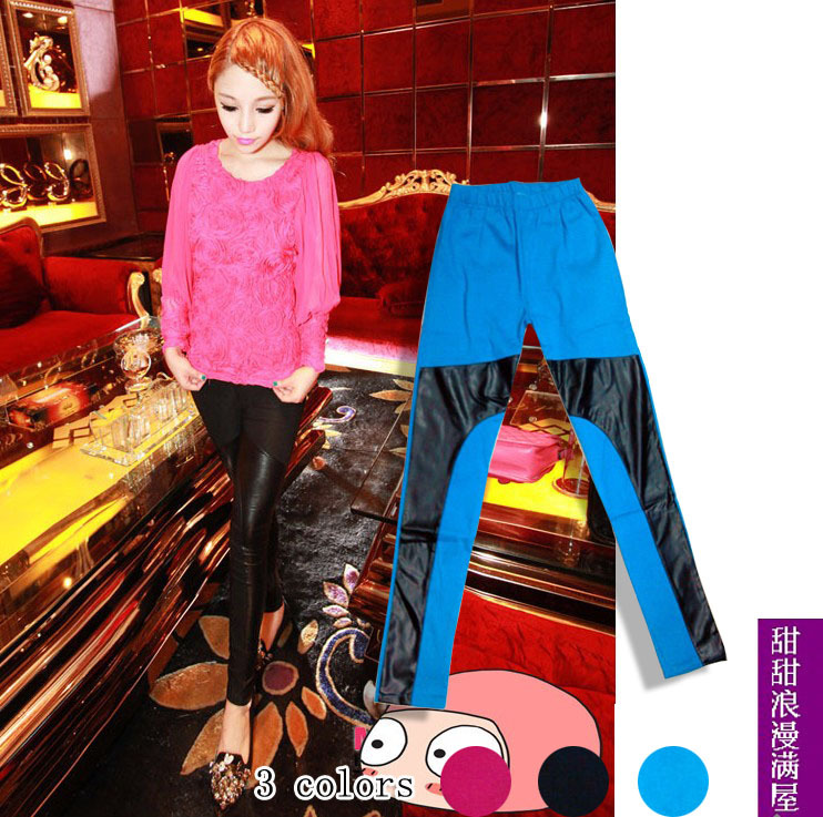 Free Shipping 2013 autumn women's 100331 casual all-match personality slim leather patchwork basic trousers