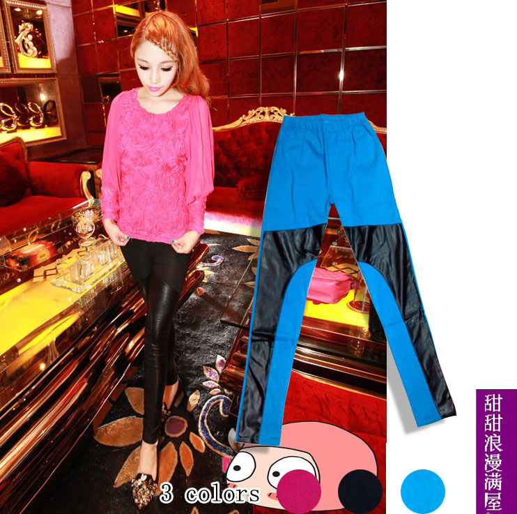 Free Shipping 2013 autumn women's 100331 casual all-match personality slim leather patchwork basic trousers wholesale