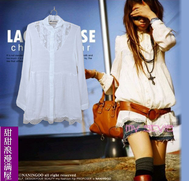 Free Shipping 2013 autumn women's 865451 gentlewomen long lace elegant design white long-sleeve shirt