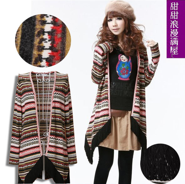 Free Shipping 2013 autumn women's 92102 casual all-match tassel knitted cotton long design cardigan wholesale