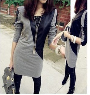 Free Shipping 2013 autumn women's b6036 casual all-match fashion patchwork leather long design long-sleeve T-shirt wholesale