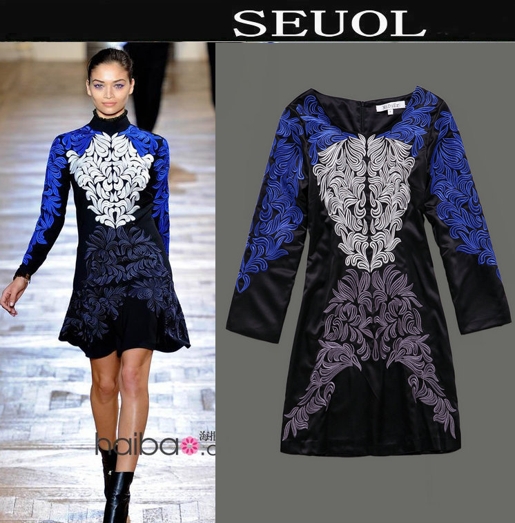 Free Shipping! 2013 autumn women's fashion embroidery blue and white porcelain gorgeous vintage slim long-sleeve dress