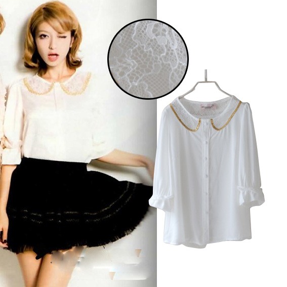 Free Shipping 2013 autumn women's m50588t sweet lace peter pan collar chiffon three quarter sleeve shirt