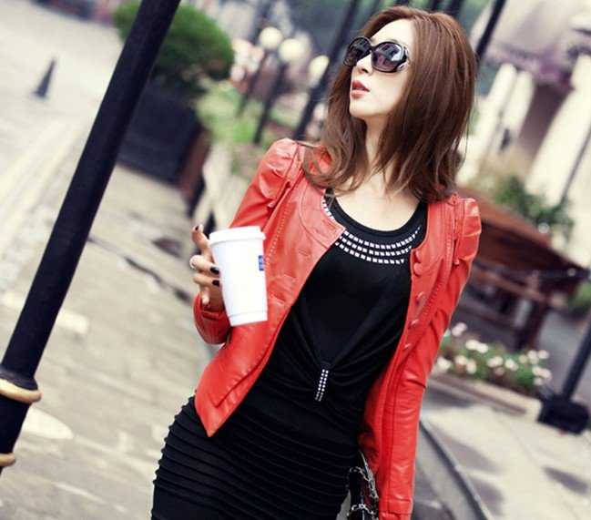 Free shipping 2013 Autumn Womens Top PU leather Jacket Red puff sleeve Round Collar Short Coat Fur Clothing Motorbike Jacket