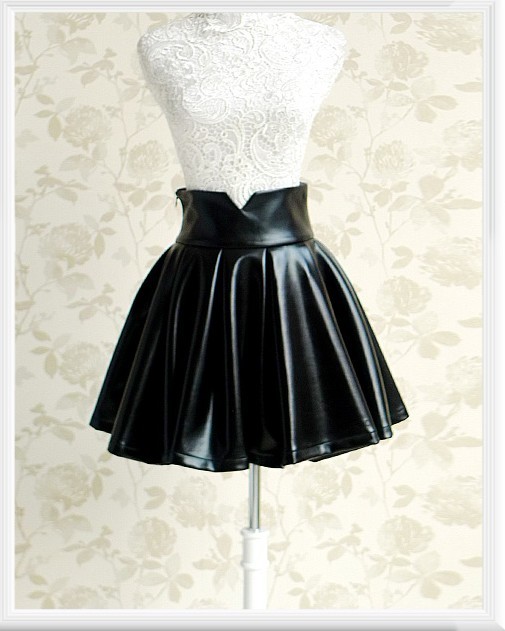 Free Shipping 2013 black patent leather high waist puff skirt