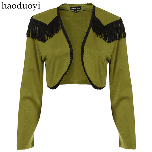 Free shipping 2013 Black tassel decoration button the catalog female short top Army Green long-sleeve short jacket 6 full