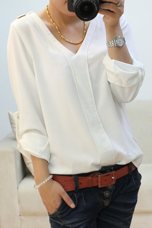 Free shipping! 2013 blouse new arrival V-neck zar epaulette chiffon shirt rivet long-sleeve plus size shirt female