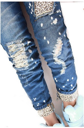 Free Shipping 2013 Brand New Fashion Womens Denim Jeans Pants Lady Leopard Cutout Broken Ripped Jeans Women Vintage Trousers