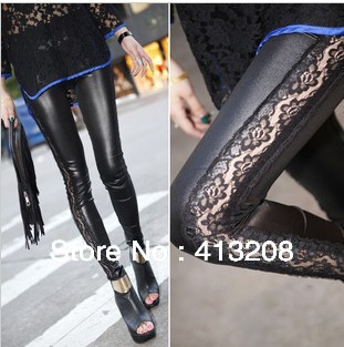 Free shipping 2013 Brands new style Faux leather side lace PU leather stitching lace leggings nine pantyhose jeanswholesale