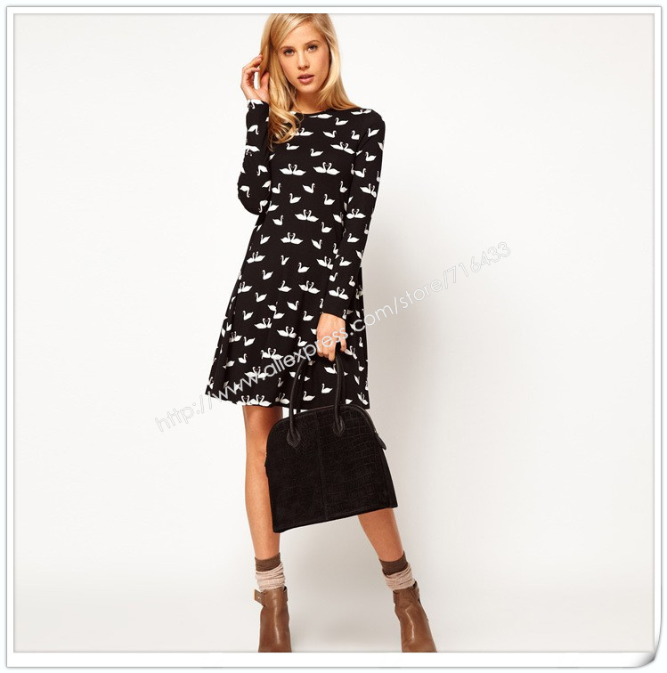 free shipping 2013 casual strapless apparel for women clothing OL temperament Women's spring swan long sleeve print dress wly198