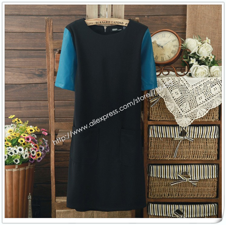 free shipping 2013 casual strapless apparel for women Spring new leather sleeve double pocket short sleeve dress wly205