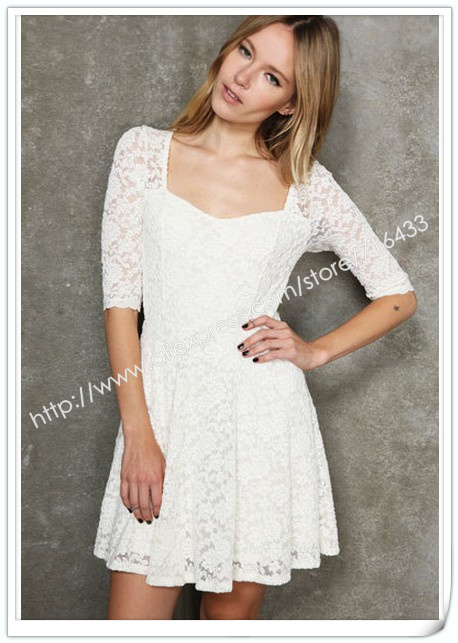 free shipping 2013 casual strapless apparel for women Spring new leather sleeve short Lace collar hit color dress wly210