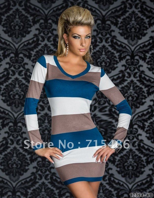 Free Shipping 2013 Cheap  Sexy Long Sleeve Hot Colored Strips Dress Blue and White Sexy Mini Dress