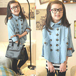 Free shipping 2013 children's clothing spring double breasted denim cloak female child denim outerwear top selling denim jacket