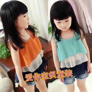 Free shipping 2013 children's summer clothing female child summer sleeveless T-shirt girl spaghetti strap top chiffon baby vest