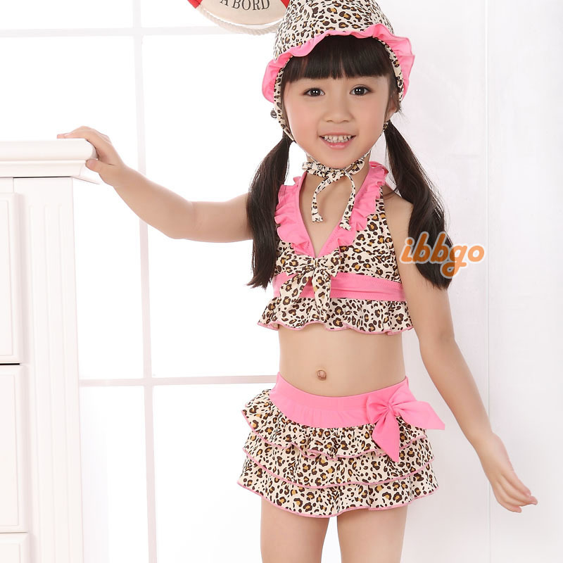 Free Shipping 2013 children swimwear female child split swimsuit baby girl leopard print pink bow hot spring swimming suit