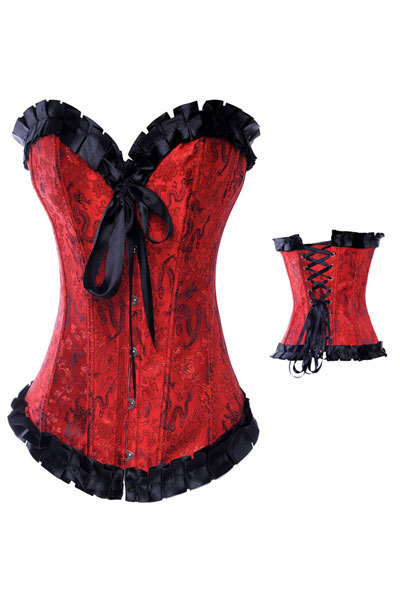 Free shipping 2013 cool lace Dragon bustiers sexy Red Plus size overbust corsets Ruffled embroidery corset Lingerie set 4363