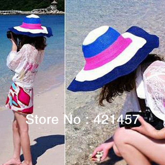 Free shipping 2013 costume. Chromatic stripe beach hat, straw hat summer sun hat 4 color