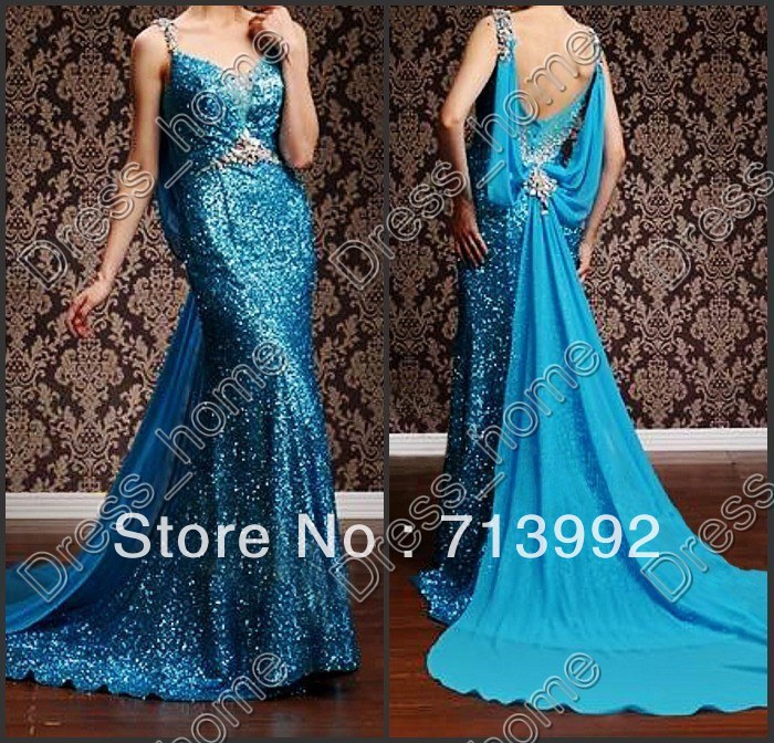 Free shipping 2013 Dazzing crystals Sexy Sheath strap blue sequins Chiffon Evening dress Party Gowns Prom Dresses