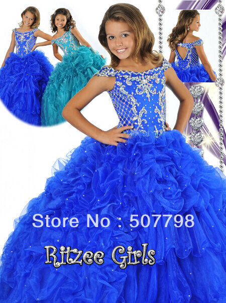 Free Shipping 2013 Designer Off The Shoulder Ruched Organza Crystals Ball Gown Navy Floor Length Flower Girl Pageant Dress