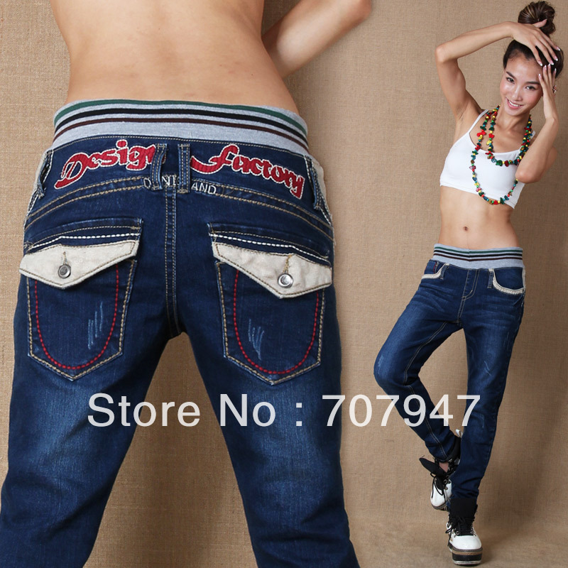 Free shipping 2013 Elastic waist denim trousers female loose jeans woman harem jeans woman cattle baggy jeans woman Wholesale