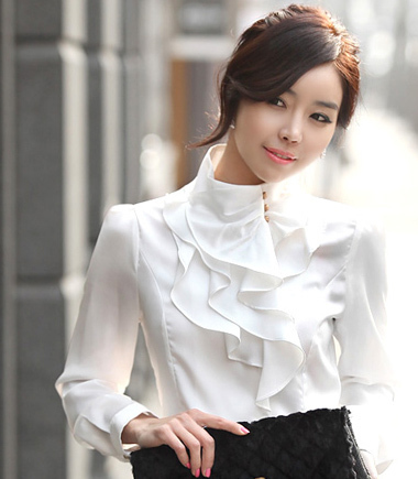 Free Shipping! 2013 elegant gentlewomen stand collar ruffle long-sleeve puff sleeve faux silk shirt