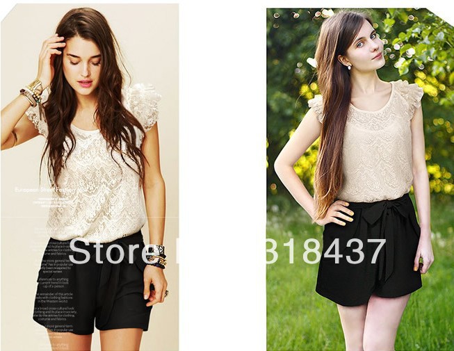 Free Shipping 2013 Fashion Chiffon  Lace Ruffle Sleeve O-neck  High Quality Jumpsuits ,WF1004