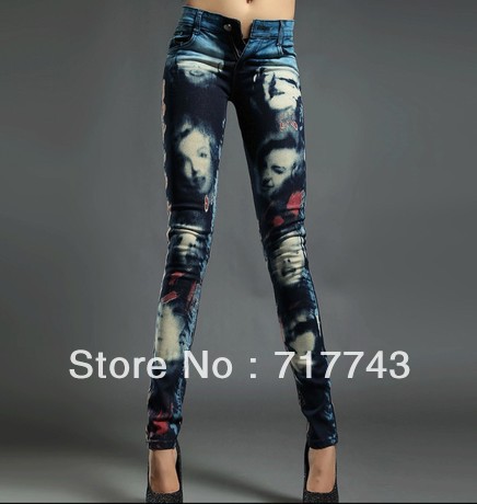 Free shipping 2013 Fashion Colored drawing Print jeans Slim Trousers Skinny jeans pencil pants Wholesale Size:26~32