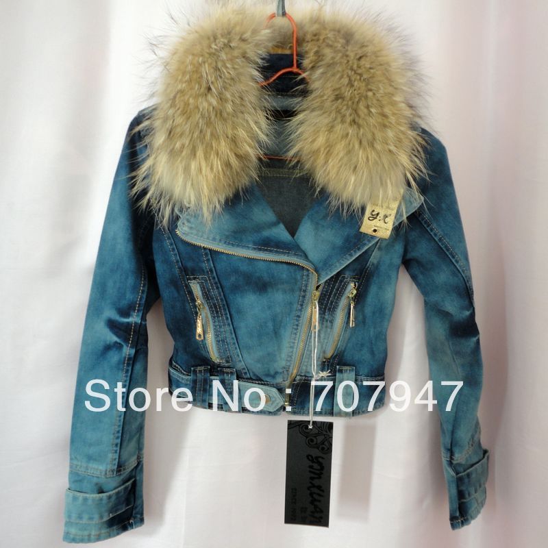 Free shipping 2013 Fashion denim top  Natural raccoon fur collar short jeans jacket plus cotton denim jacket  Wholesale