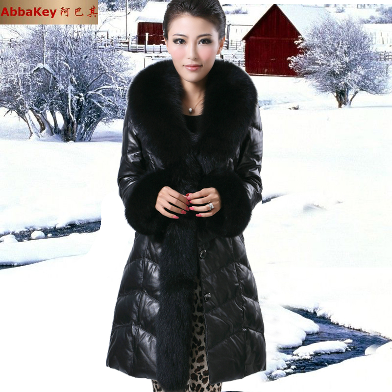 Free shipping 2013 fashion down coat  Large fox fur sheepskin   long design slim down leather    women's down jacket