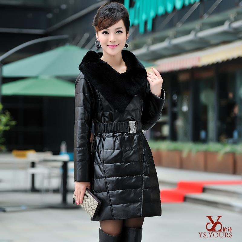 Free shipping 2013 fashion down coat  Sheepskin  medium-long genuine leather    rex rabbit hair slim   women's down jacket