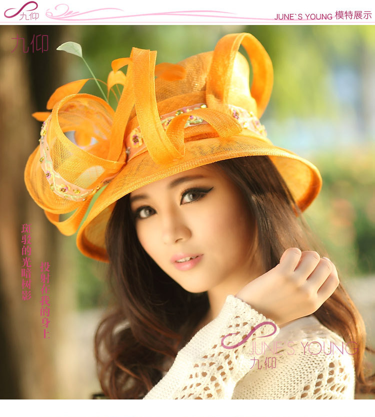 Free shipping 2013 fashion fresh orange color ladies' sinamay hat  with diamonds and  feathers decoration women's wide brim hat