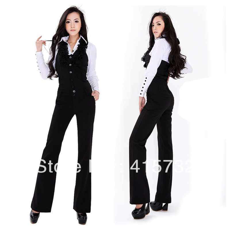 Free Shipping 2013 Fashion Halter Jumpsuits For Women Slim Bib Pants Ruffles Overalls Office Ladies Black Jumpsuit And Rompers