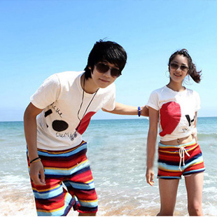 Free shipping 2013 Fashion Hot Rainbow striped Couple vacation beach pants big yards loose shorts men/women leisure shorts