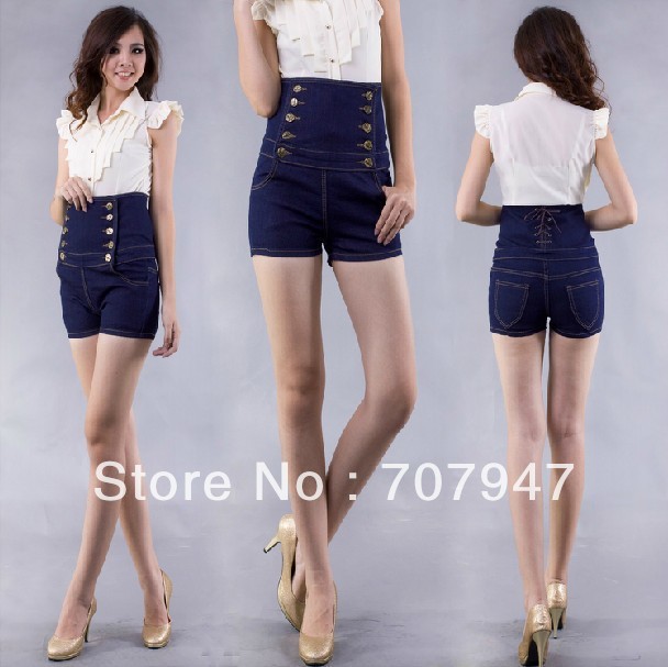 Free shipping  2013 Fashion Jeans woman buckle double jumpsuit denim shorts summer high waist denim women jeans shorts Wholesale