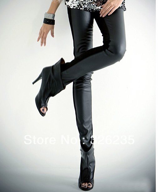 Free shipping 2013 fashion legging women's thin slim faux leather patchwork cotton trousers pants