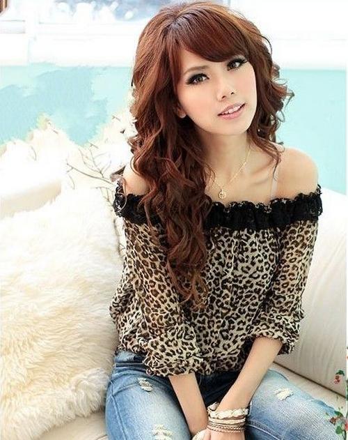 Free shipping 2013 Fashion leopard chiffon sexy lace slash neck ladies' shirt F16560273888