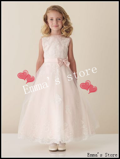 Free Shipping 2013 Fashion Low Price A-Line Poretrait Bateall Mini Ankle-Length Bow Waist Appliques Tulle Flower Girl's Dresses