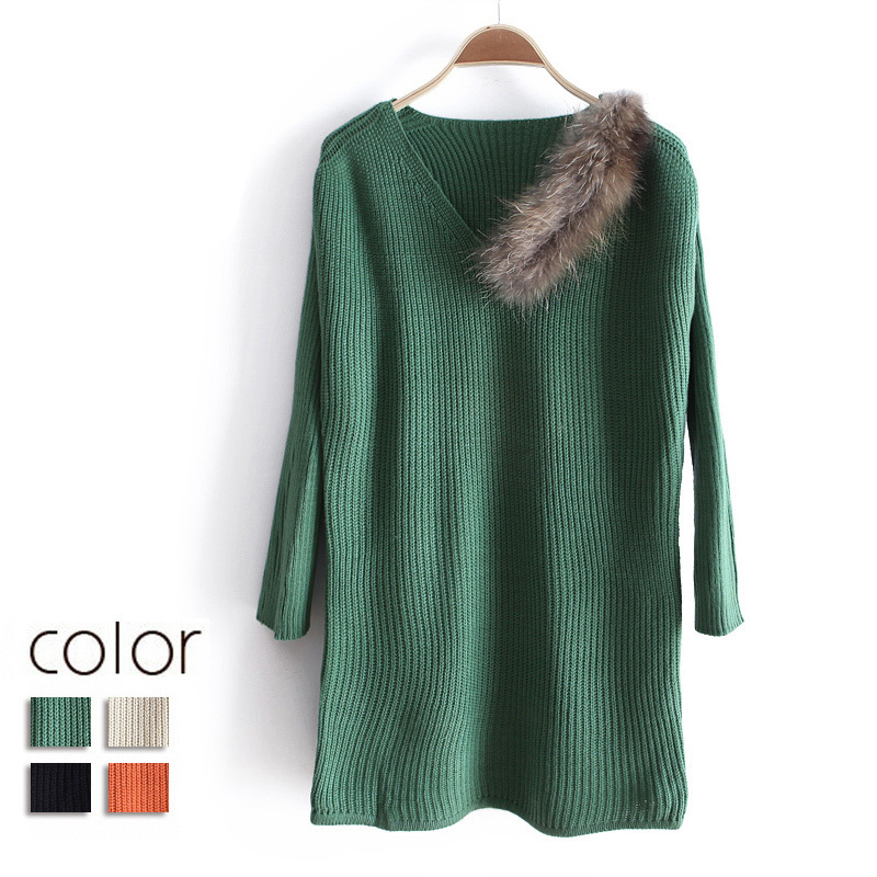free shipping 2013 fashion medium-long V-neck fur decoration sweater wx1088