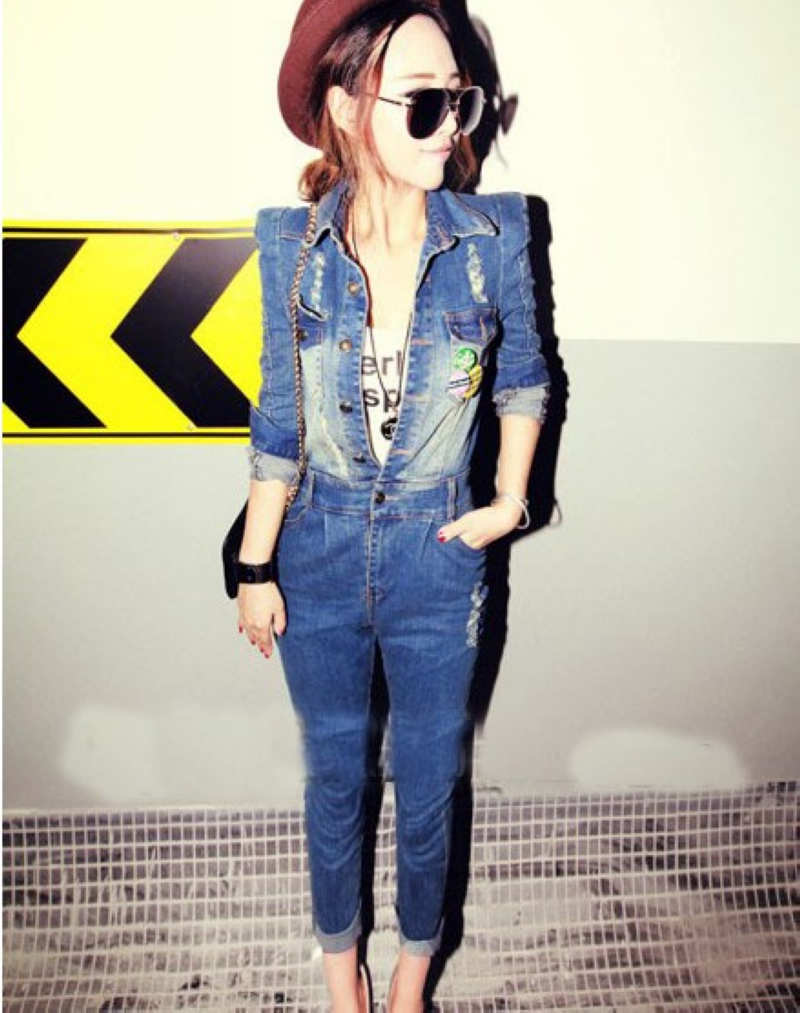 Free shipping 2013 fashion new long-sleeved hole in shrug denim jumpsuit jumpsuit