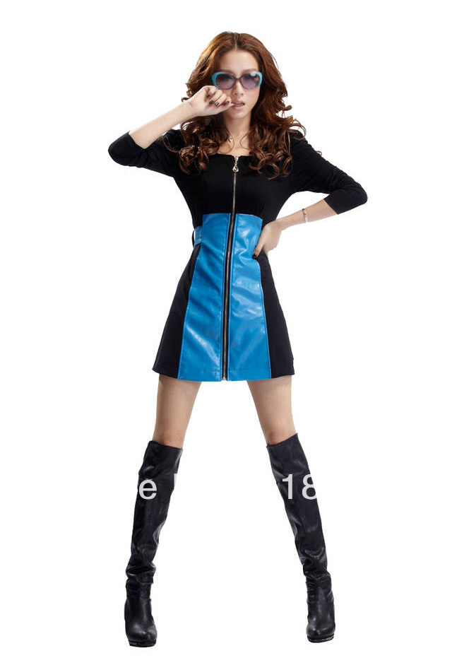 Free shipping 2013 fashion PU leather stitching dresses dress OL elegant retro bottoming skirt