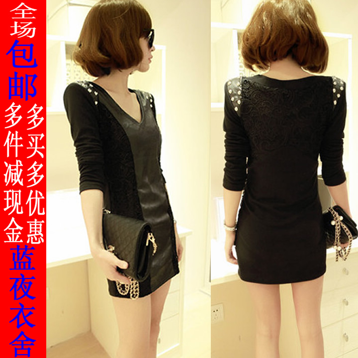 Free Shipping 2013 fashion sexy one-piece dress slim hip leather skirt slim basic skirt long-sleeve dress