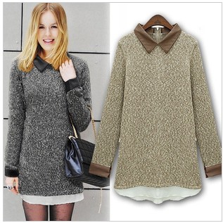 free shipping 2013 fashion spring fashion turn-down collar leather peter pan collar vintage medium-long all-match sweater