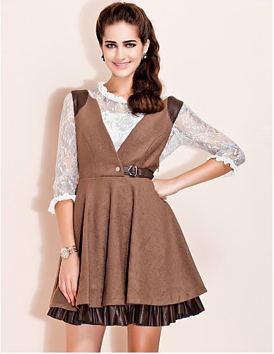 Free Shipping 2013 fashion spring new Leather Patch Swing LACE Dress active dress black wear women clothing