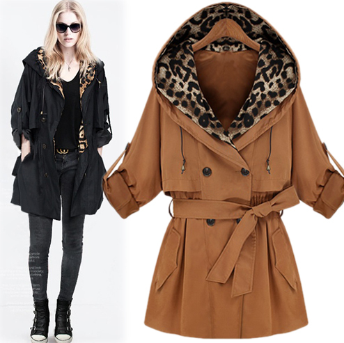 Free Shipping 2013 fashion star style leopard print with belt loose plus size with a hood trench outerwear