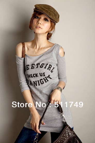 Free Shipping 2013 Fashion Tops letter Single shoulder strap leather nail stars t-shirt for women, High quality fashion t shirt