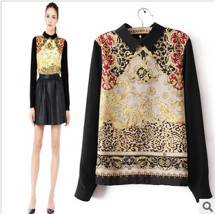 Free Shipping 2013 Fashion Women Printed Shirts Vintage Totem Style Long-Sleeve Tank Tops Tees Back Zip Blouses TS-070