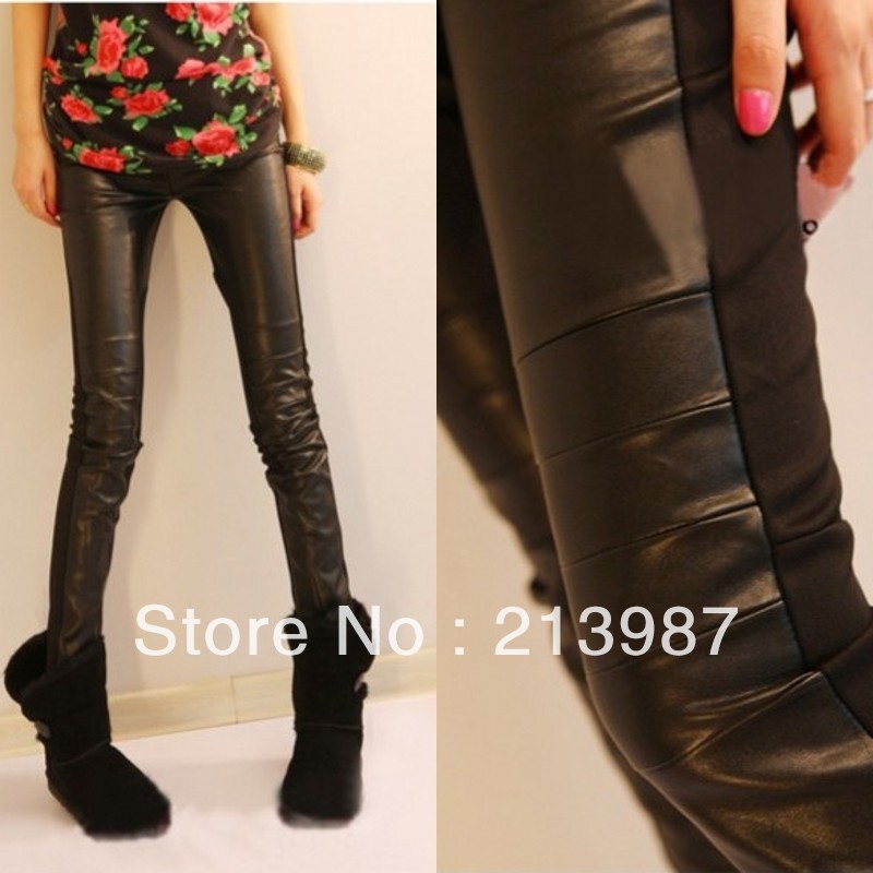 Free shipping! 2013 fashion women's leather legging trousers patchwork elastic skinny pants hot sell thermal trousers