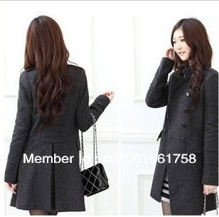 Free Shipping 2013  fashion women's long  coat    design slim Wool Blends Double-breasted Winter Coat ,Gray Black