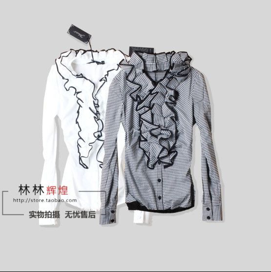 Free shipping! 2013 fashion Women's plaid ruffle collar cotton blends long-sleeve dress shirts